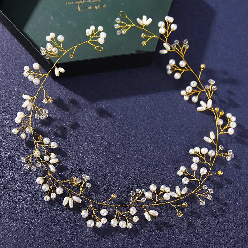 Handmade Gold Silver Color Long Crystal Headbands For Women Bride Pearls Wedding Hairband Hair Accessories Jewelry