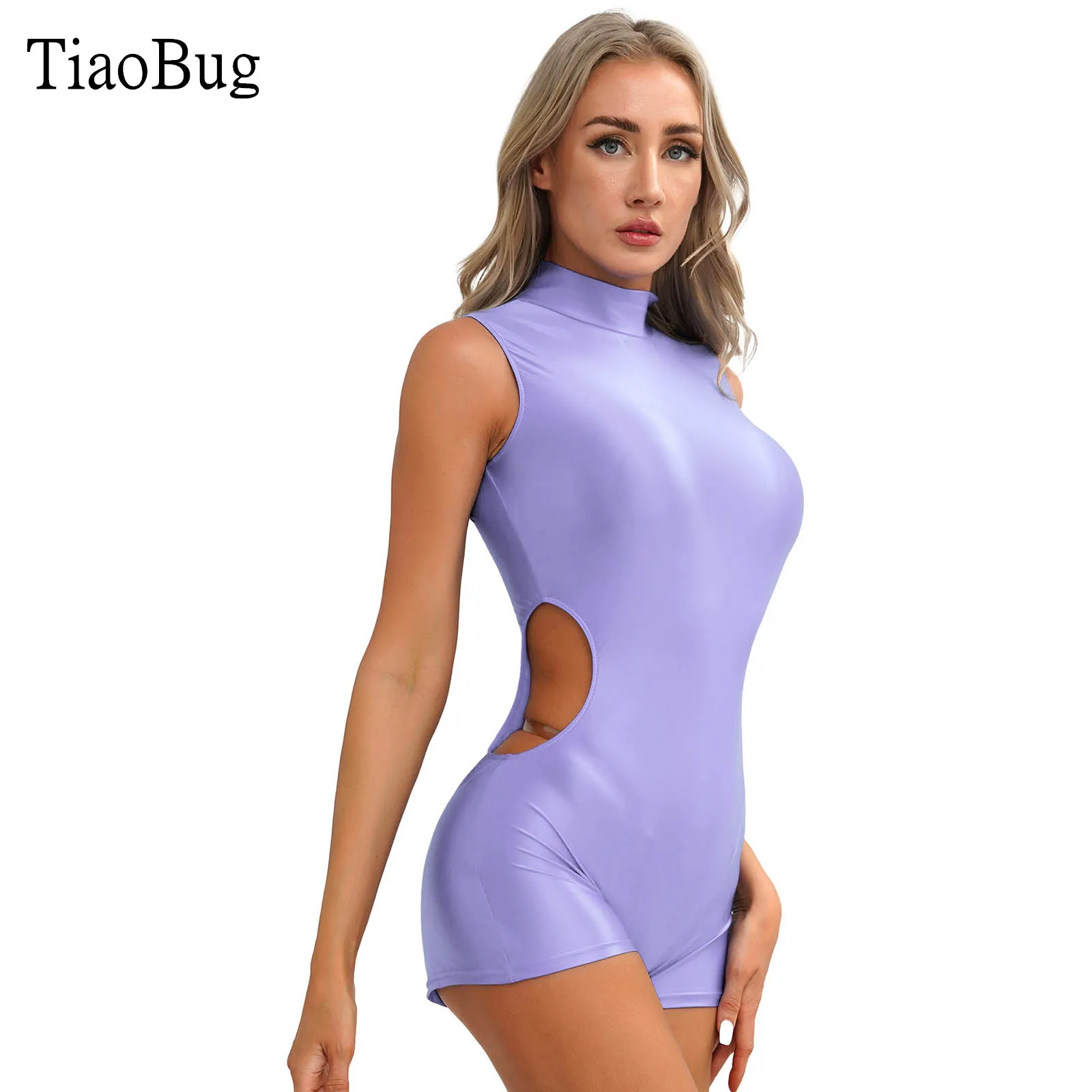 Women Stretchy Glossy Sleeveless Bodysuit Mock Neck Side Cutout Back Zipper Tight Short Swimsuit for Fitness Exercise Workout white stitching stand neck zipper jacket mma combat thai boxing training martial arts jujitsu fitness fishing cycling suit