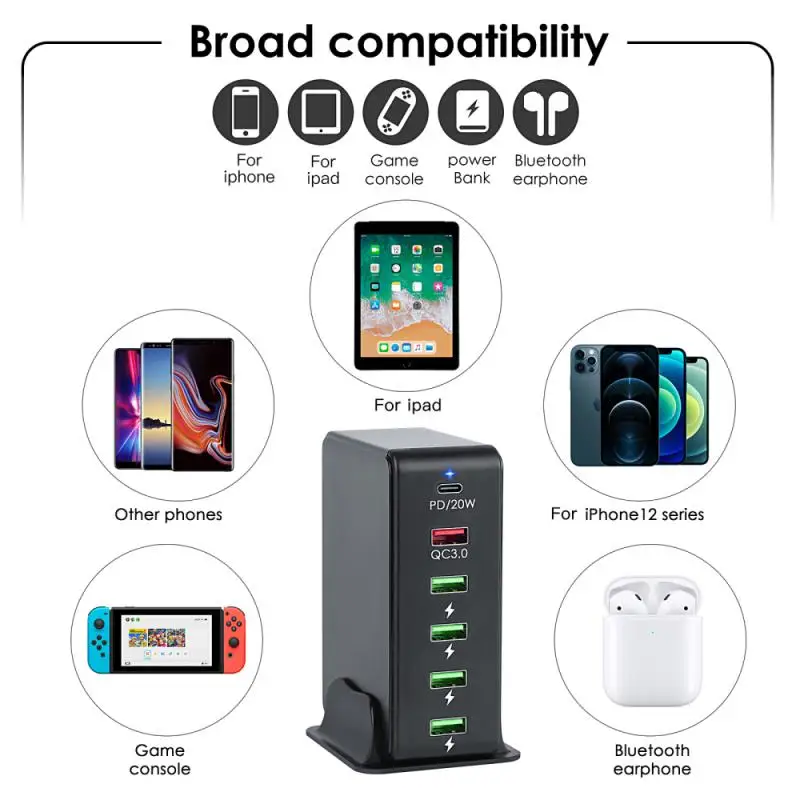 

Multi-function Usb Fast Charger Portable High-voltage Ac Filter Fast Charging Fireproof Pc Materia 6 Port Charger 65w 100-240v