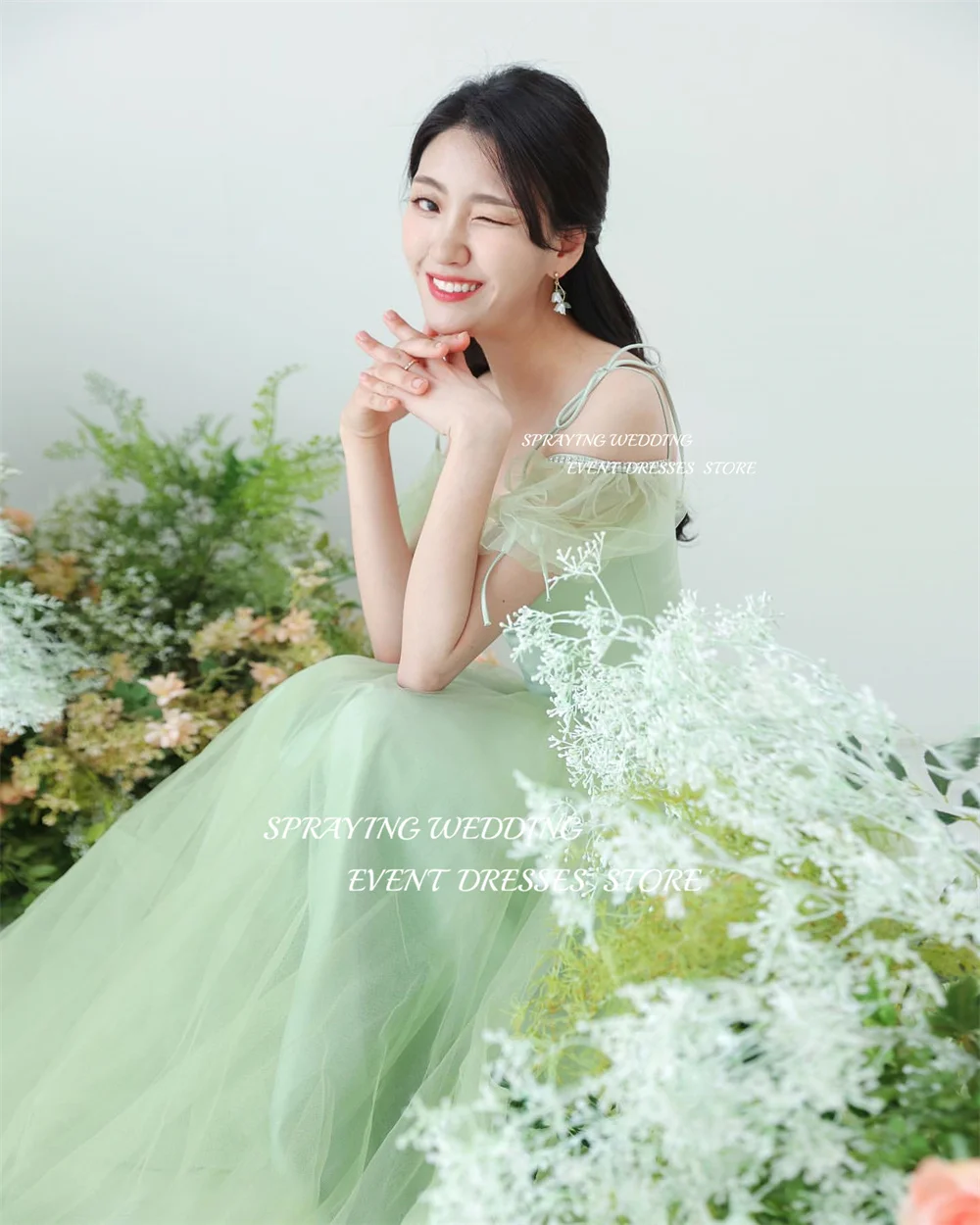 SPRAYING Korea Photoshoot Simple A-line Long Wedding Dress Tulle Green Party Dress Sweetheart Puff Sleeve Prom Corset Back