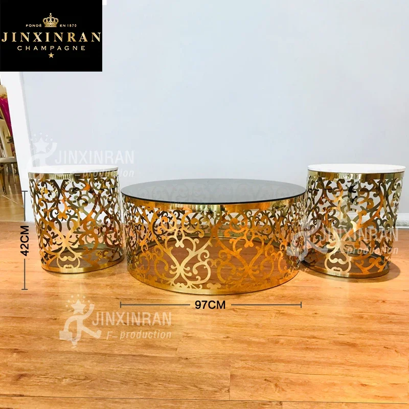 commercial living room golden stainless steel coffee table set metal base marble top tea