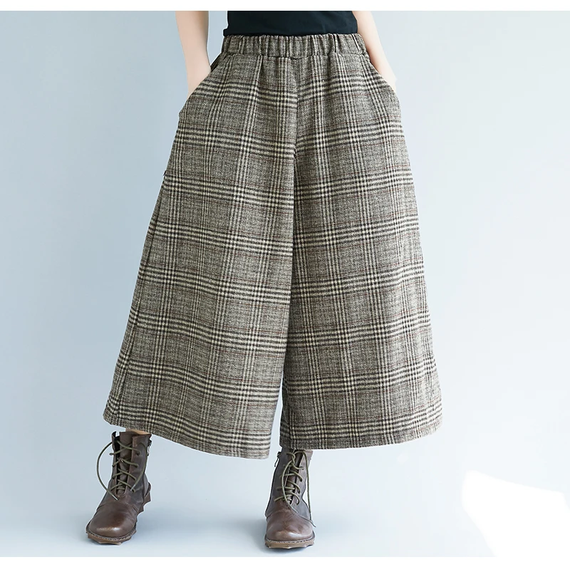 vuori joggers Wide Leg Loose Plaid Women Pants Elastic Waist Calf-Length 2022 New Vintage Office Lady Women Pants RV478 high waisted jeans