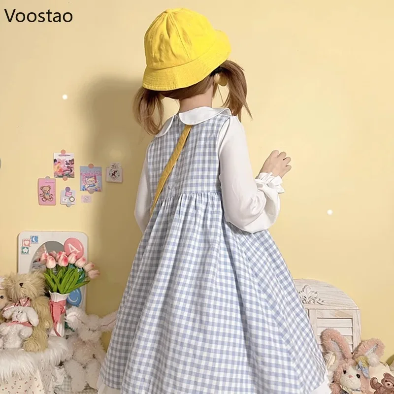 Blue Sweet Plaid Lolita Princess Dress Women Kawaii Cute Bow Cartoon Embroidery Party Mini Dresses Student Vintage Fairy Dress