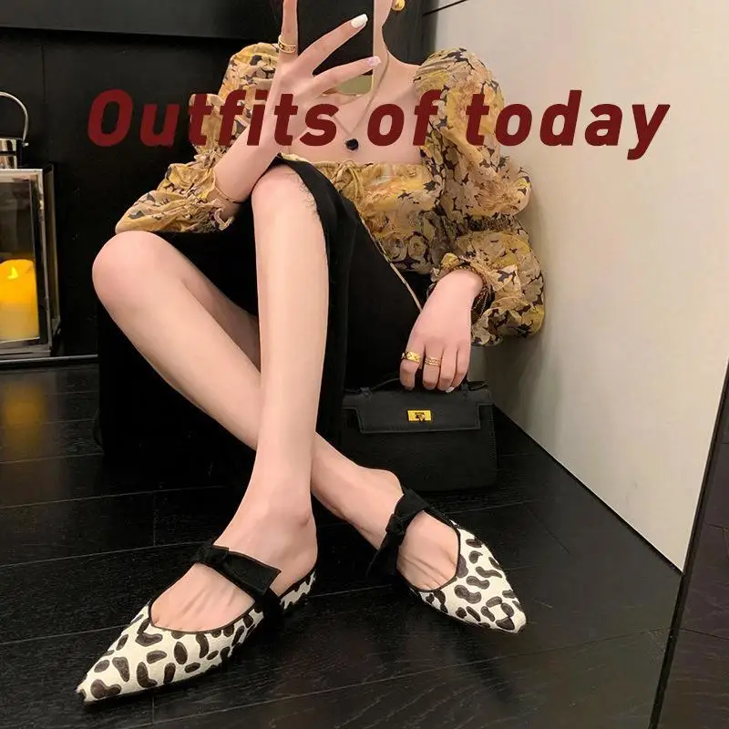 Leopard print horse hair Muller shoes, color matching bow French style half slippers, sexy women's shoes for summer wear