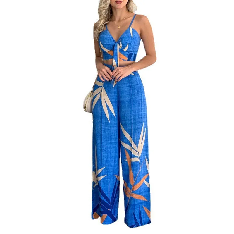 

European and American New Print Casual Pants Set Standalone Popular V-neck Print Wide Leg Pants Two Piece Set