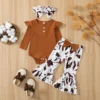 Citgeett Autumn Infant Baby Girls Jumpsuit Solid Color Ribbed Fly Sleeve Romper + Leopard Flare Pants Spring Clothes 6
