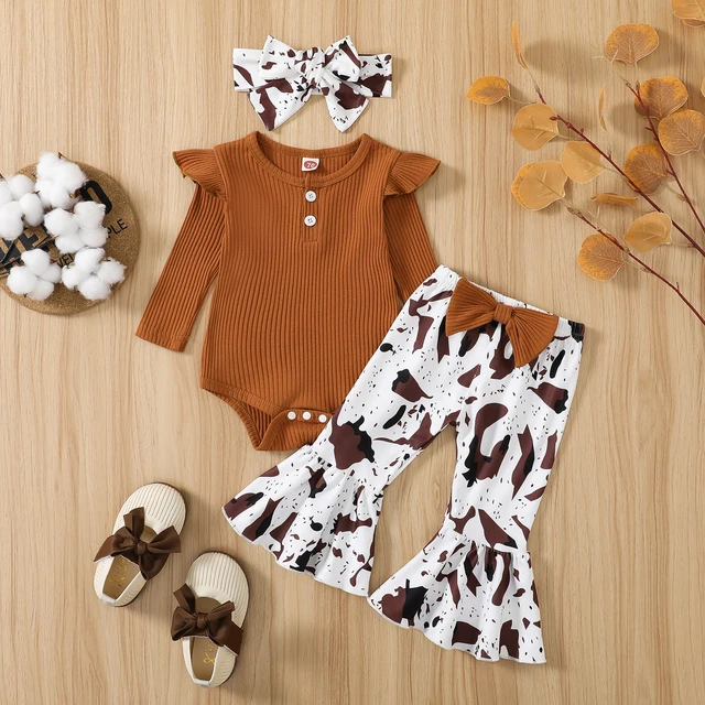 Citgeett Autumn Infant Baby Girls Jumpsuit Solid Color Ribbed Fly Sleeve Romper + Leopard Flare Pants Spring Clothes 6