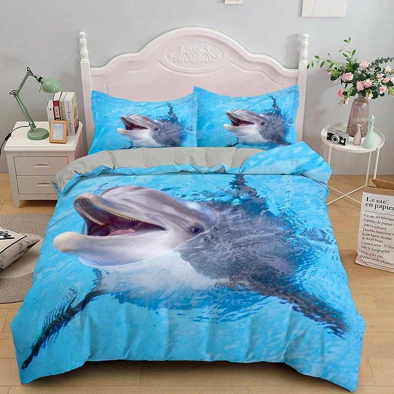 Kids Adult Bed Polyester Bedclothes 3D Dolphin In Blue Sea Queen King Size Bedding Sets Animal Single Quilt Duvet Cover Set 2
