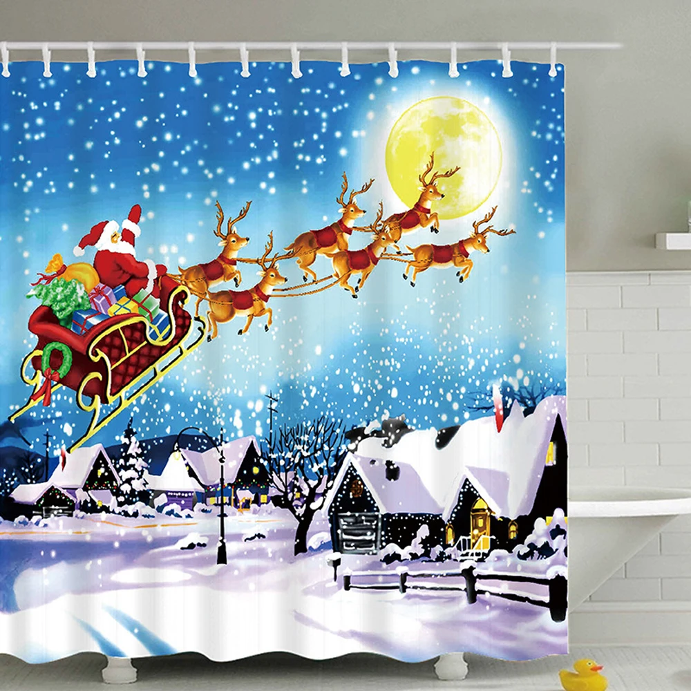 

Moose Santa Claus Shower Curtains Christmas Holiday Elk Snowman Bell Xmas Decor Polyester Fabric Bathroom Bath Curtain with Hook