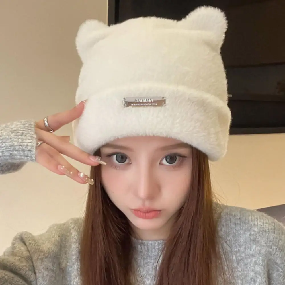 Lovely Iron Label Decorative Beanie Hat With Ears Warm Plush Cat Beanie Winter Faux Fur Elastic Knitted Hat Women Outdoor women hat woolen hat led beanie hat