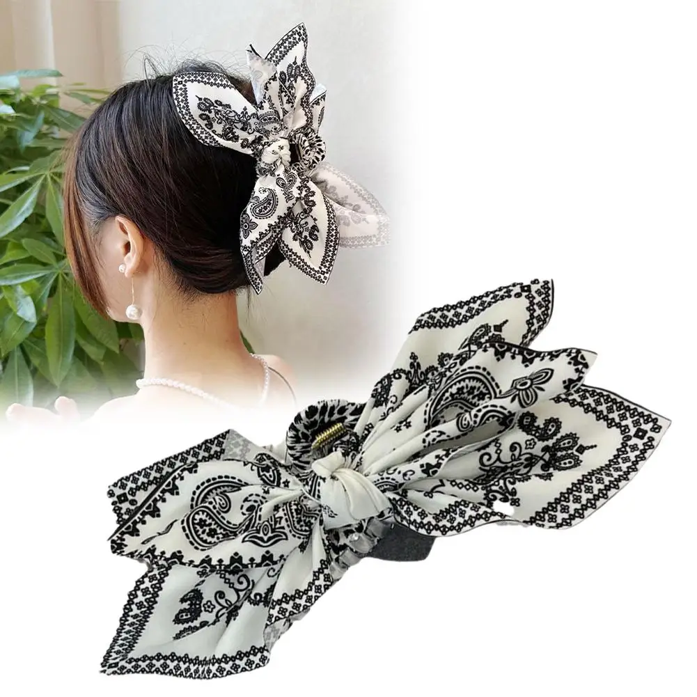 Vintage Print Large Bow Hair Claw High-Grade Ink Painting Ponytail Holder Korean Girls Clip Accessories Hair Women Shark J5Q1