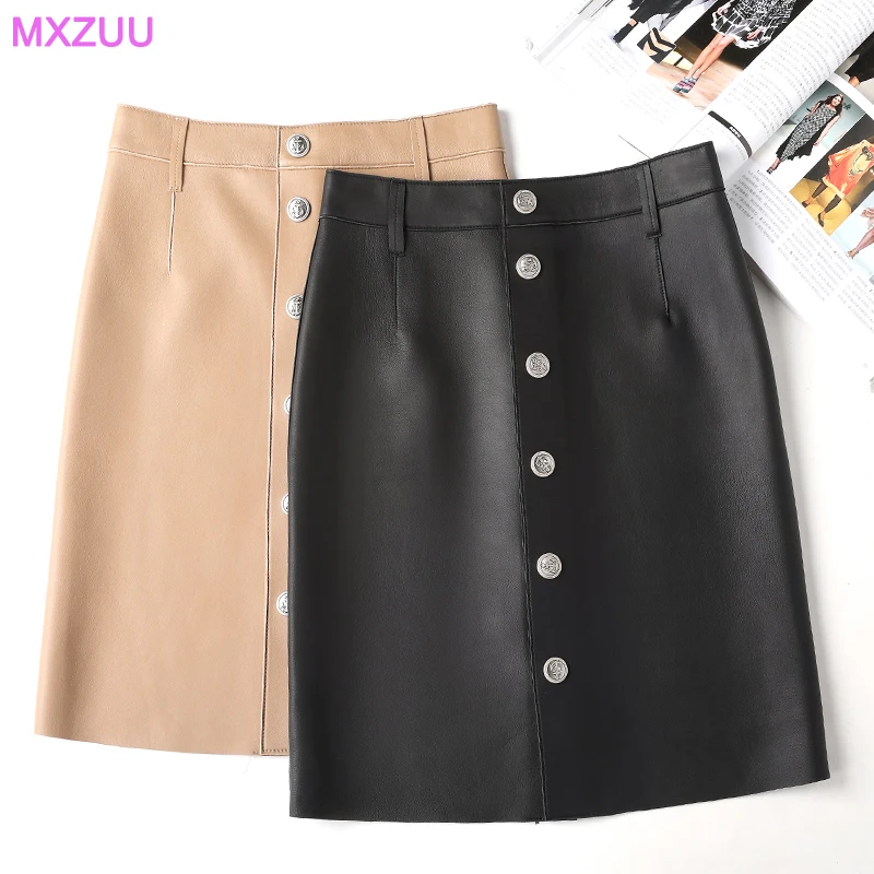 

Falda Verano Women Genuine Leather Mini Jupe Ladies Sheepskin A-line High Waist Wrap Skirt Elegant Show Thin Short Saias Mulher