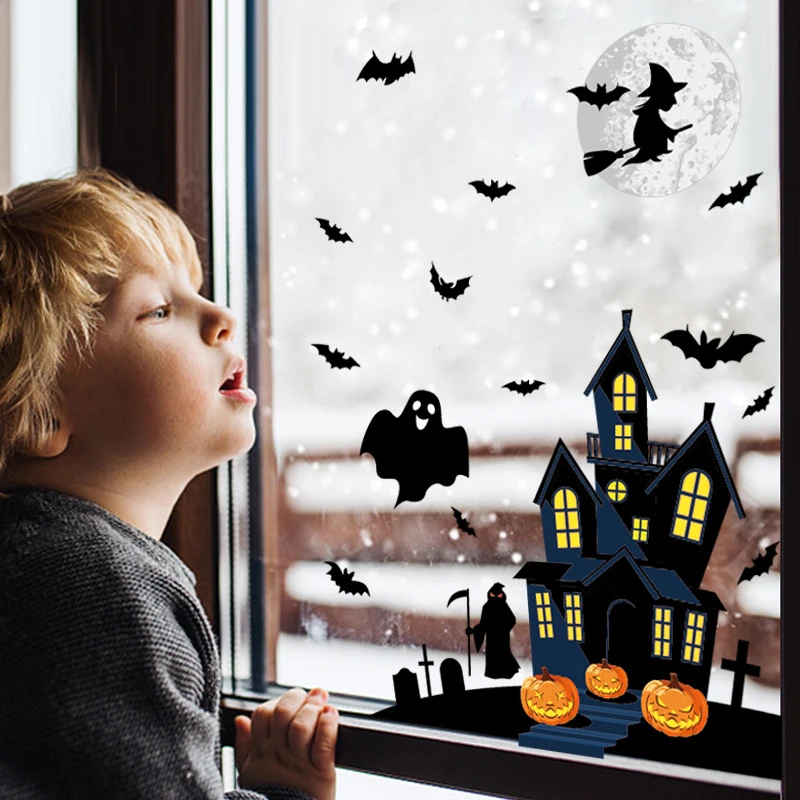 2022 Halloween Party Decoration Halloween Pumpkin Bat Ghost Wall Sticker Skull Window Stickers Witch Mural DIY Party Supplies
