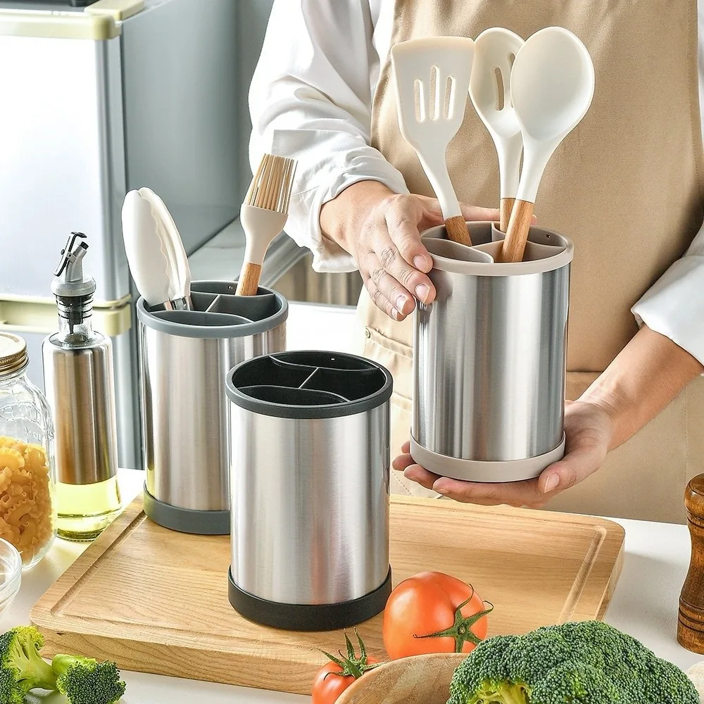 Rotatable Kitchen Utensils Holder Durable Stainless Steel Cooking Tools Organizer Plastic Space-saving Cutlery Drainer Stand