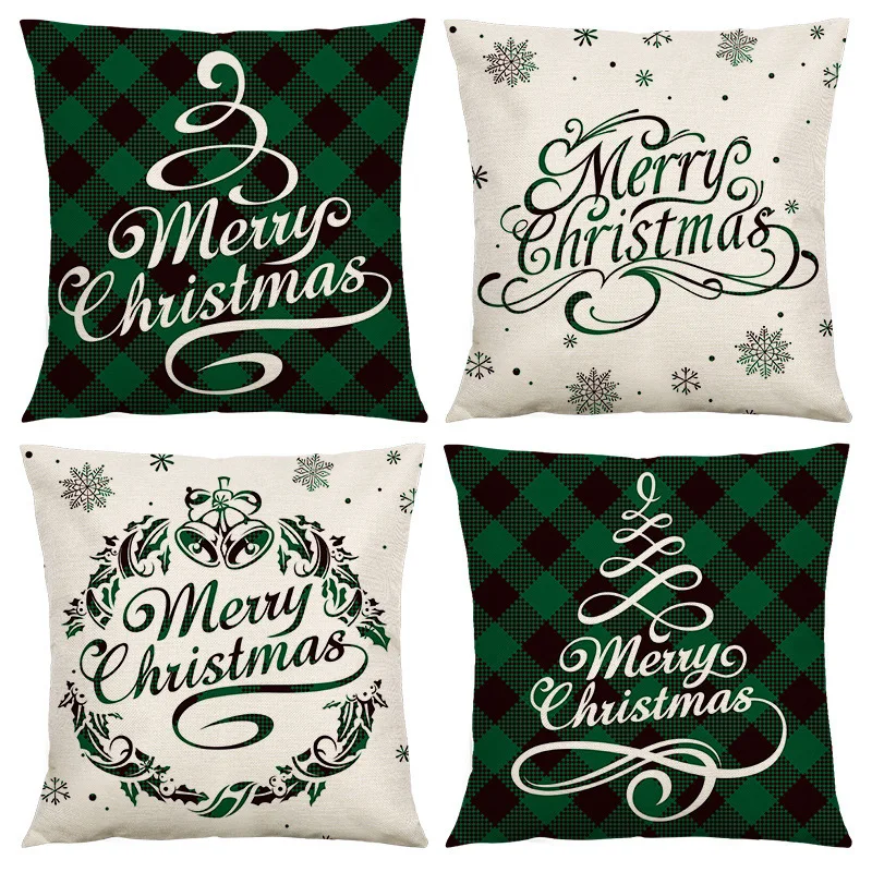

Christmas Green and Black Checkered Printed Linen Pillowcase Living Room Cushion Cover Car Seat Cushion Universal Cover