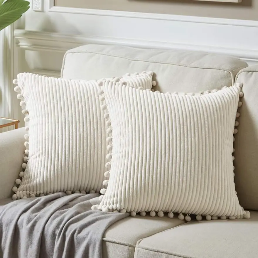 Corduroy Striped Cushion Cover with Pom Pom Solid Boho Throw Pillow Case Decorative Pillows for Sofa Bed Beige Lumbar Cushion 1