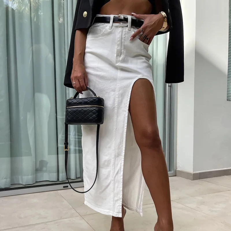 

Fashion Streetwear Button Long Skirt Vintage High Waist Split Slim Half Skirt Spring Women's Casual Irregular Pocket Denim Skirt