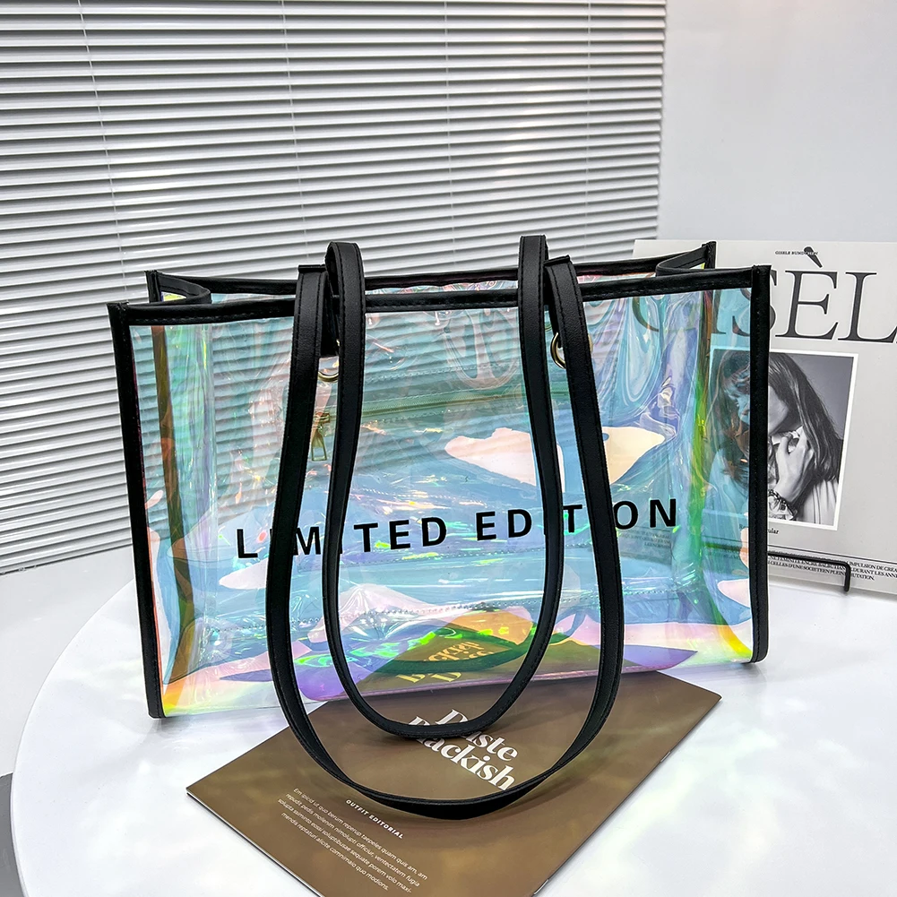 Fashion Women Clear Tote PVC Laser Waterproof Transparent Handbags Female Large Shopper Shoulder Bag Summer Beach Portable Pouch women's bags for work Totes