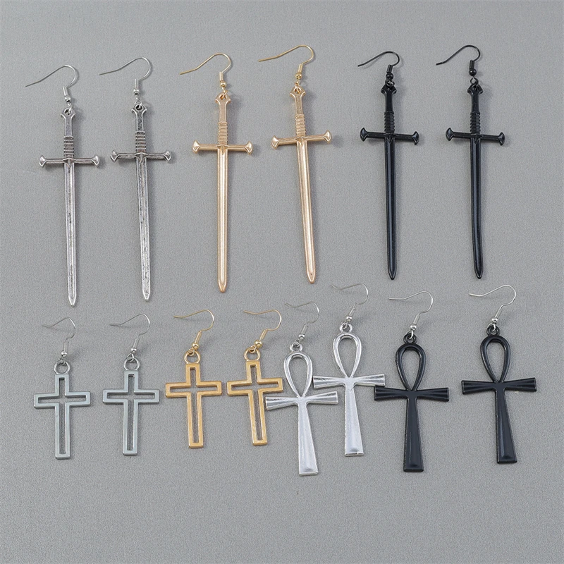 Punk Gothic Übertriebene Lange Metall Kreuz Tropfen Ohrringe für Frauen Mädchen Party Urlaub Schmuck Zubehör