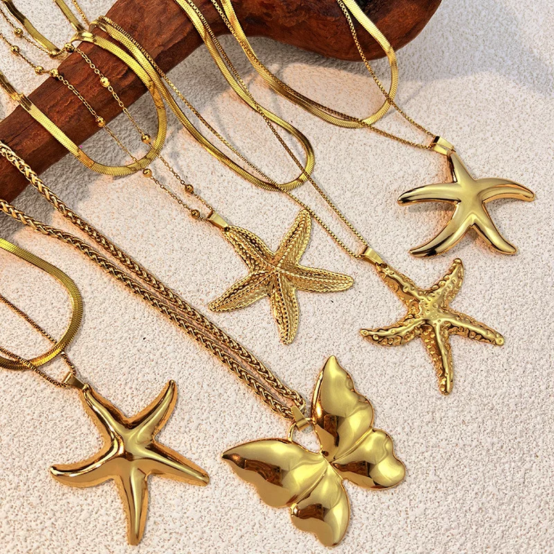 Retro Multiple Styles Starfish Pendants Polished Metal Butterfly PVD Hypoallergenic Snake Chain Textured Big Star Collar Jewelry