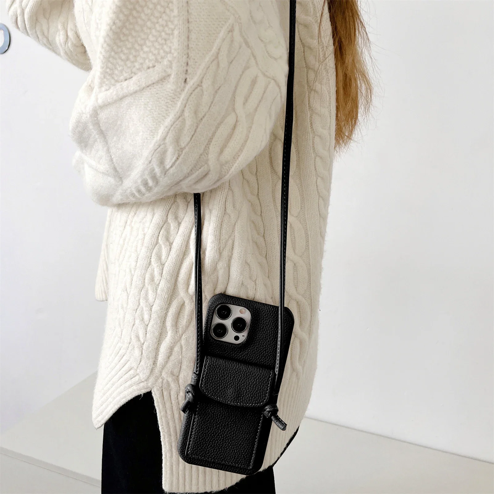 Leather Crossbody Lanyard Phone Case with Card Holder and Strap