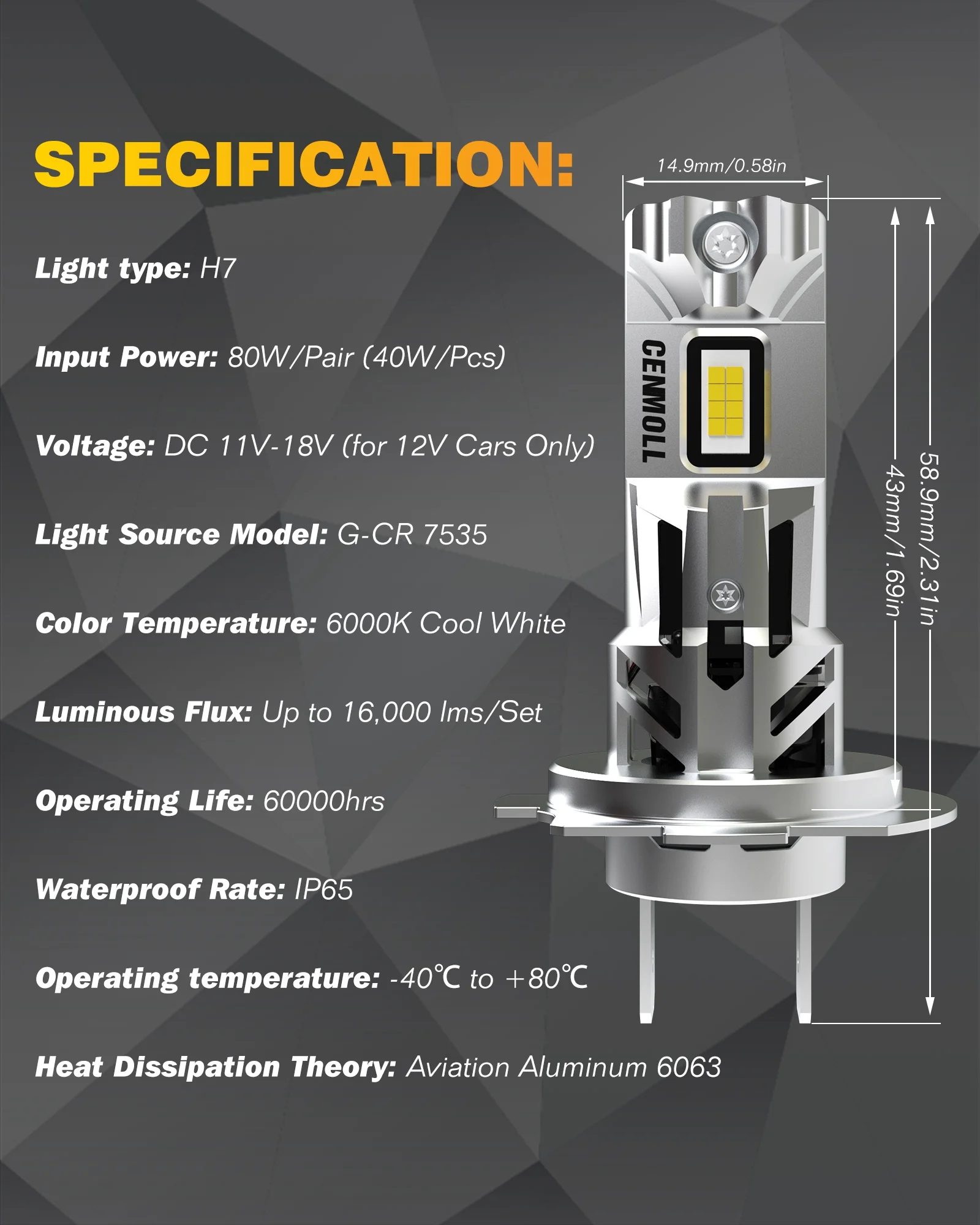 CENMOLL Bombilla H7 Led, 400% más Brillante 80W 16000LM 6000K Blanco frío  No se Requiere Adaptador Diseño 1:1 Bombillas Led H7 para Coche Canbus  Libre de Errores Kit de reemplazo de halógeno