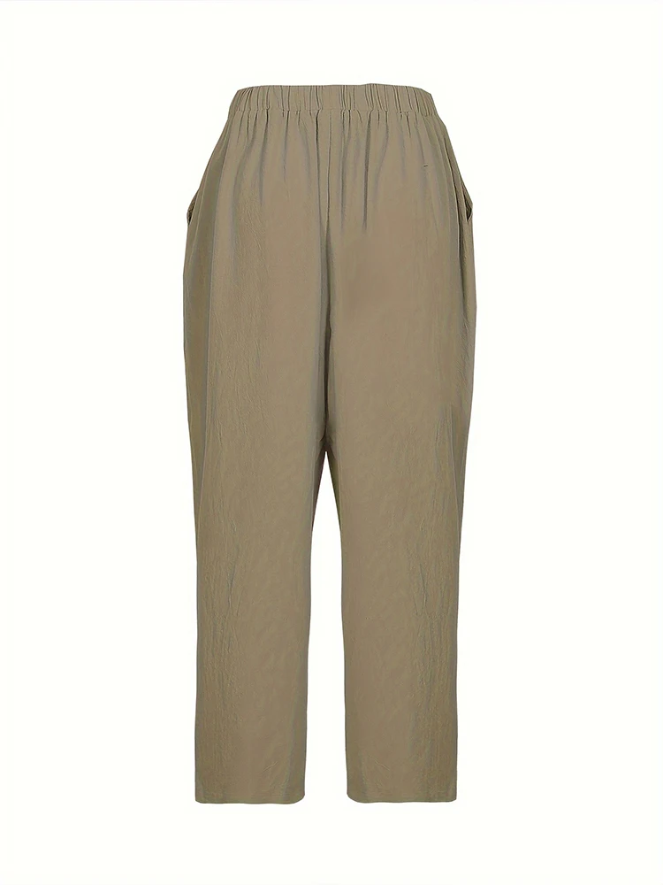 Übergröße mit Taschen Damen-Reisehose aus Baumwolle und Leinen Lässige Damen-Freizeithose Locker Sitzend Einfarbig mit Schnürung – Detail 11
