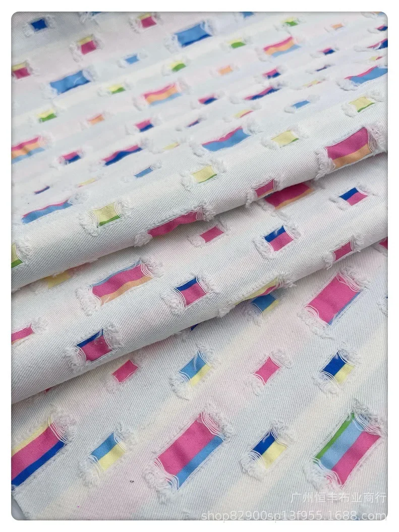 Fashionable Denim Fabric for Clothing Outerwear Pants Skirts Jackets Hole Punching Ripped Stripe Tassel Set Apparel Bag Material