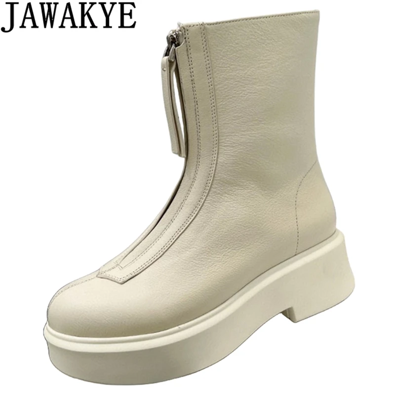 

Hot Sale Thick Sole Front Zipper Ankle Boots Women Chunky Heel Real Leather Chelsea Boots Autumn Fashion Motocrycle Botas Mujer