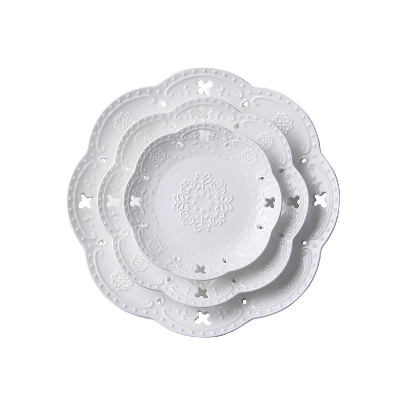 3pcs set, 6+8+10inch, white embossed porcelain cake plate, butterfly design, service the table, dinner plate sets, dinnerware