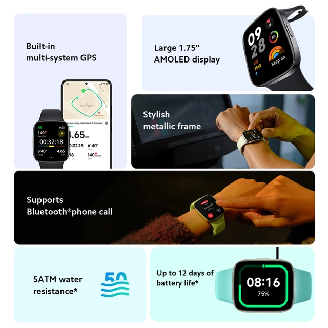 Xiaomi-reloj inteligente Redmi Watch 3, dispositivo con Bluetooth, versión  Global, disponible®Pantalla AMOLED de 1,75 , llamada telefónica grande,  5ATM - AliExpress