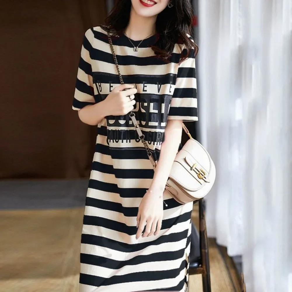 Women Dress Woman Loose Thin Dresses Striped Letter Costume for Lady Summer Femal Normal Clothes Plus Size 3xl