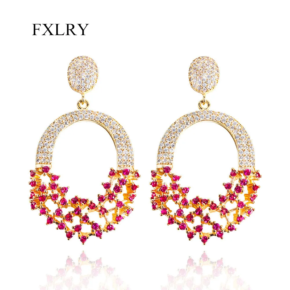 

FXLRY High Quality Gold Color Pave Pink Cubic Zirconia Ultra - Flash Hollow Out Drop Earrings For Women Jewellery