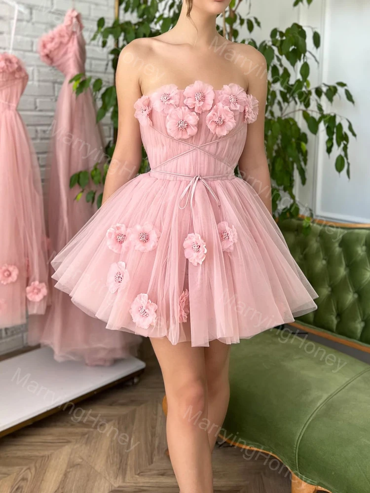 

3D Flowers Tulle Short Homecoming Dress for Teens A Line Sleeveless Prom Dress Strapless Backless Formal Evening Party Gowns