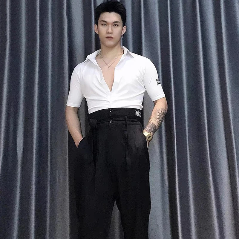 Dance Shirts Latin Dance Tops For Men Short Sleeved V-Neck Shirts Chacha Rumba Tango Dress Ballroom Latin Practice Clothes DQS13243