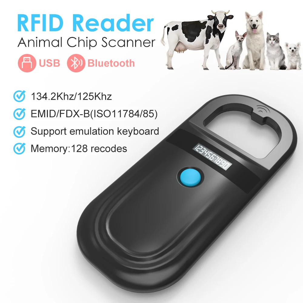 

Black Animal RFID Reader 134.2KHz 125kHz USB/Bluetooth Pet Cat Dog Microchip Scanner FDX-B Glass Chip Identification Tag Reader