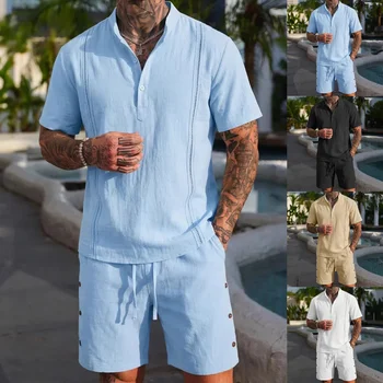 Best-selling men's cotton and linen short pants set 1