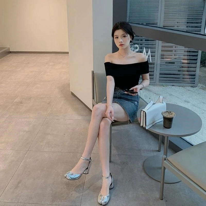 French genuine leather silver split toe shoes for women with thick heels, toe high sandals, high heels, single shoes