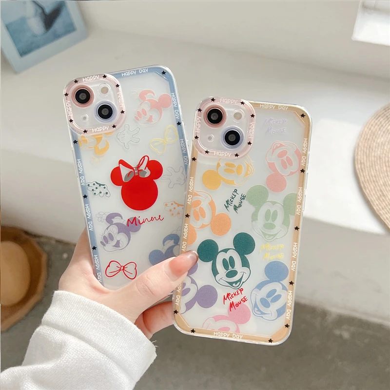 Cartoon Cute Mickey Minnie Transparent Case For Xiaomi Redmi Note 11 10 9 8 Pro Max 11S 9S Square Shockproof Soft Phone Cover