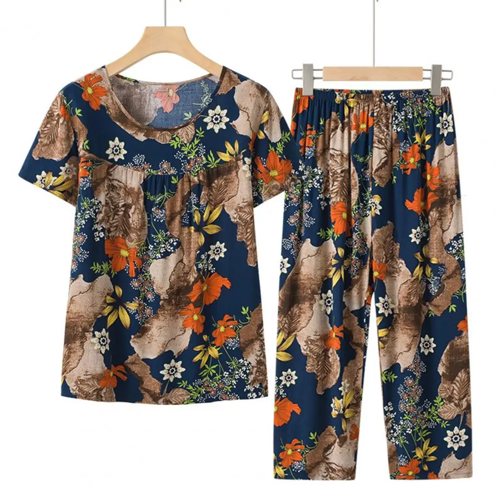 Loose Fit Cotton Blend Suit Flower Printed Women's Top Pants Set with Retro Style Elastic Waist Wide Leg Design for Comfortable