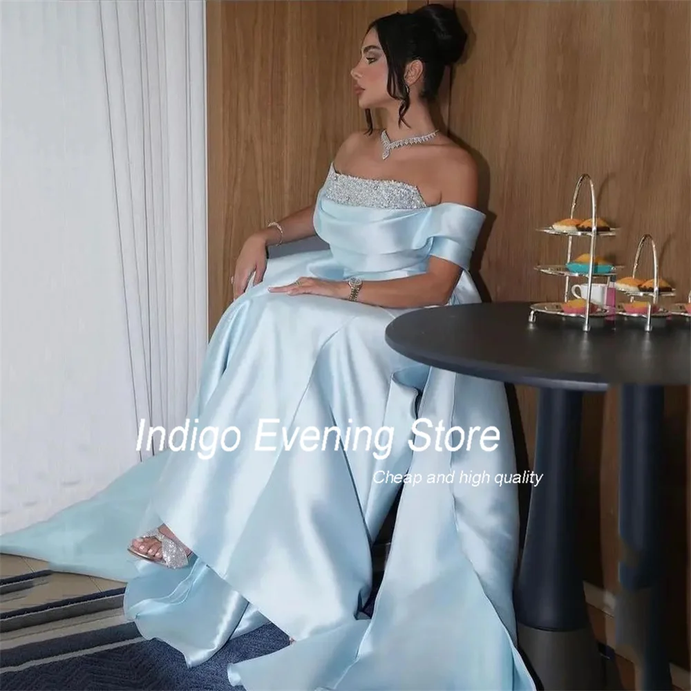 Indigo Prom Dresses Mermaid Off The Shoulder Strapless Beading Sweep Train Open Back Elegant Evening Gowns For Women فساتين الس