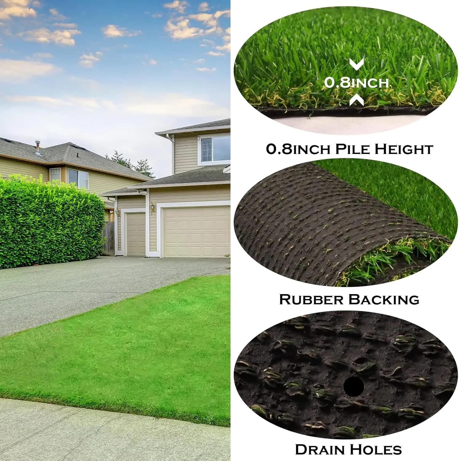 Artificial Turf Grass with Drainage, Realistic Fake Grass Rug Indoor Outdoor Lawn Landscape for Garden