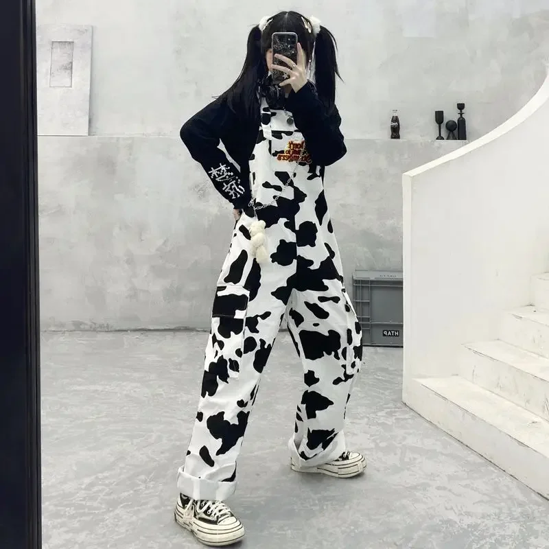 Casual Harajuku Girl Cow Print Black and White Check Overalls Overalls Trousers Street Hip-hop Baggy Pants Female Fun Suspenders