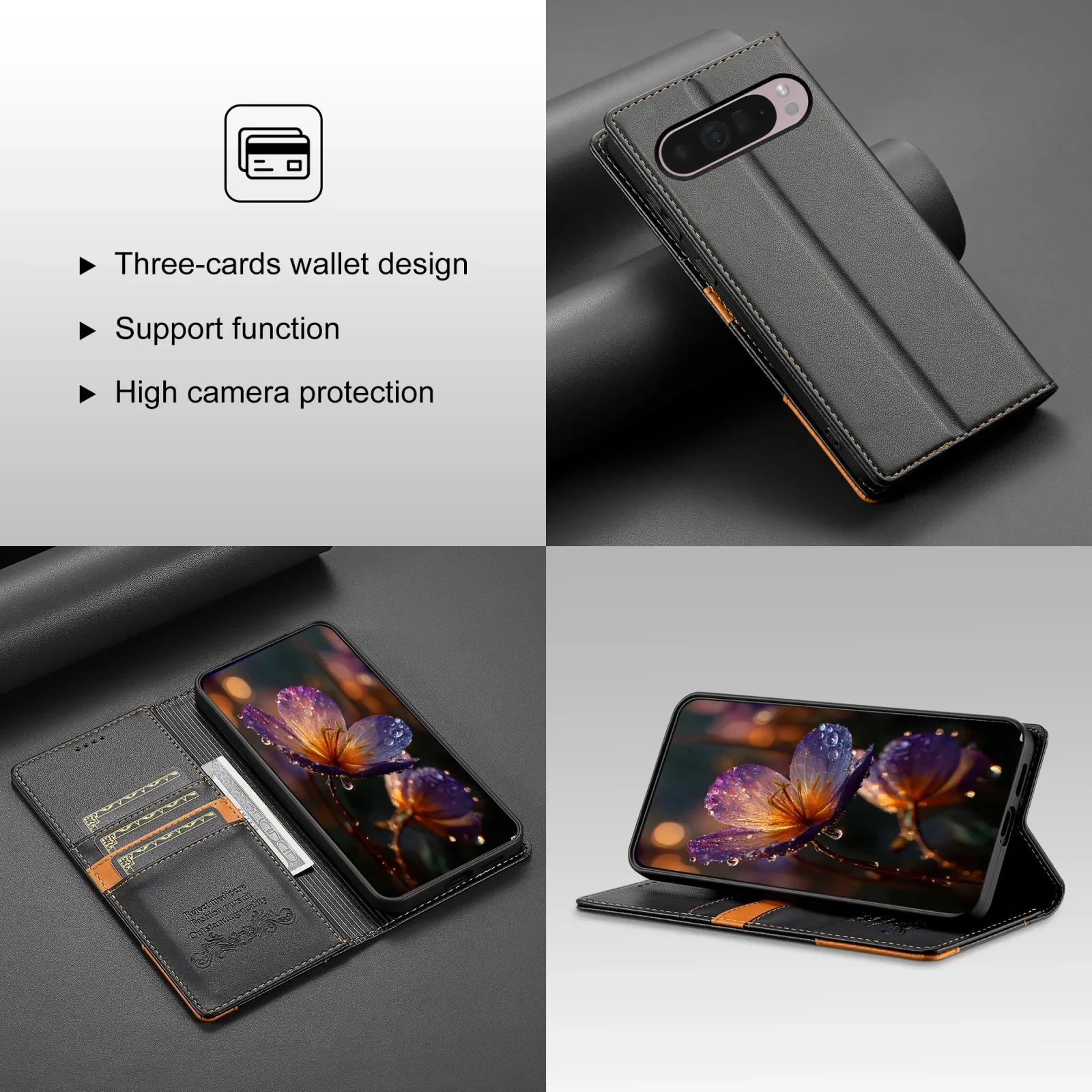 Luxury RFID Magnetic Leather Wallet Phone Case with Card Slots and Stand Feature