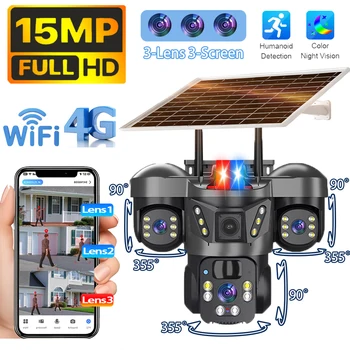 Telecamera Solare 4G con SIM per Esterni, WiFi, 3 Obiettivi, Visione Notturna a Colori, Sensore PIR, Sicurezza IP66, Telecamere IP Wireless CCTV