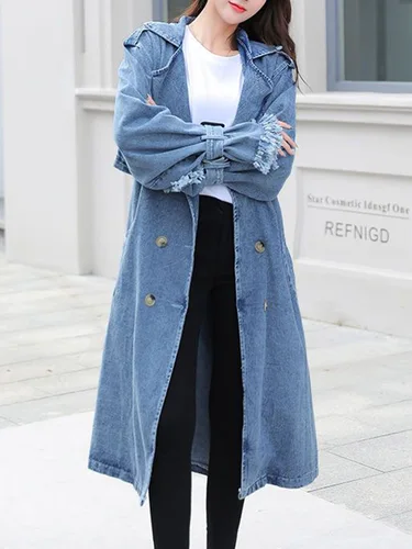 Fitaylor 여성용 데님 트렌치 코트, 더블 브레스트 레이스업 롱 진 재킷, 빈티지 단색 아우터, 봄 가을 패션, 신상 3