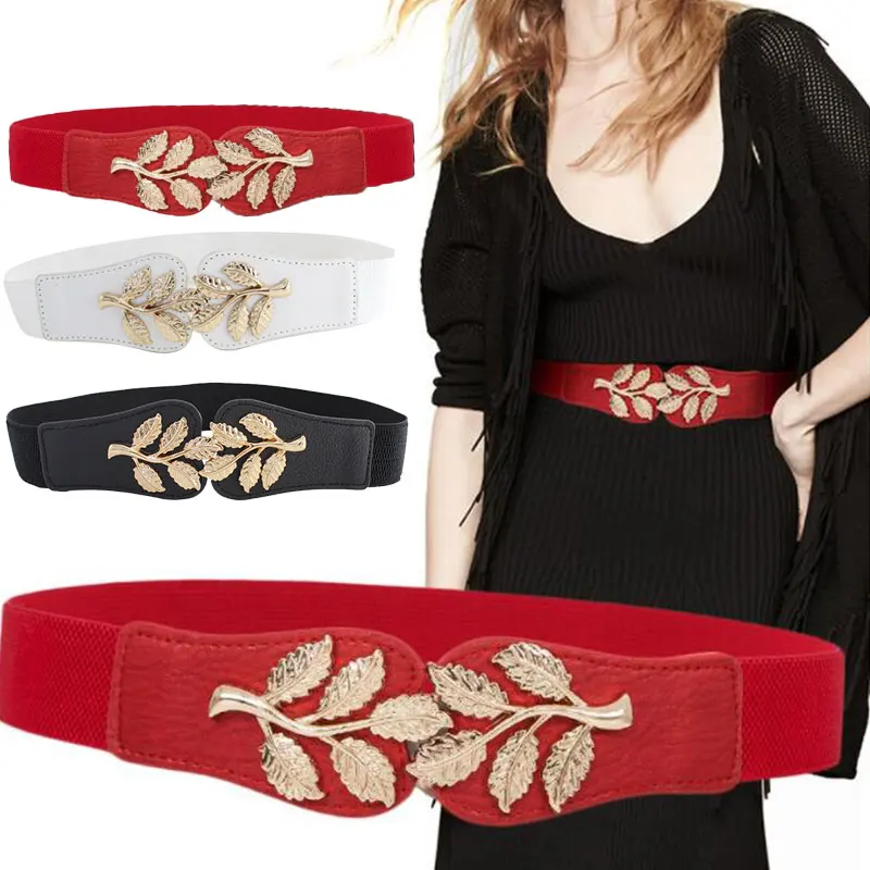 

Elegant Women Wide Belt Gold Metal Leaf Buckle Dress Decorative Elastic Waist Belt Cummerbunds Vintage Girdle Waistbands