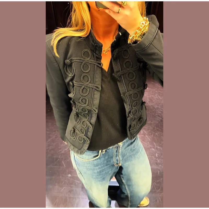 Damen 2026 Frühjahr Neue Jacke Mantel Frosch Knöpfe Stehkragen Schwarz Blazer Kurze Mäntel Elegante Retro Chic Formale Party Top – Detail 8