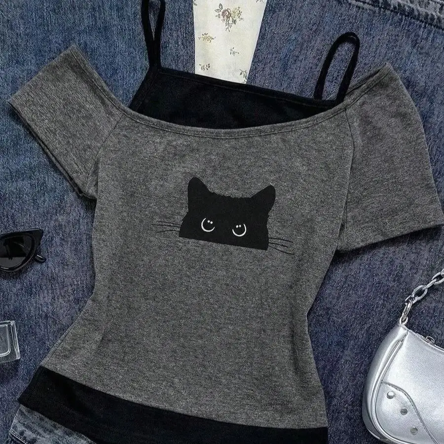 Sommermode Kawaii Retro TeesY2K kreatives Design, gefälschtes zweiteiliges Set, amerikanisches kurzärmeliges T-Shirt, schulterfreies, schmal geschnittenes Oberteil