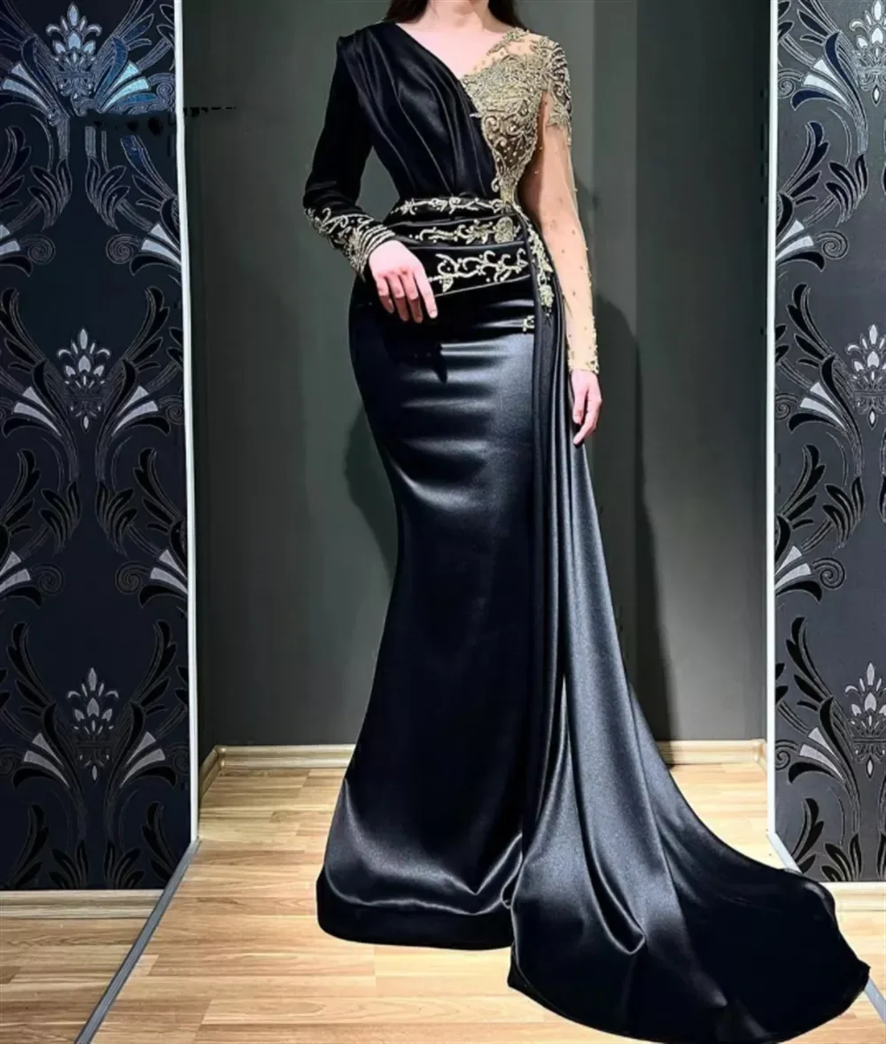 

Luxury satin black evening dress with long sleeve lace applique crystal beading plus dimension sweep train ball party dress